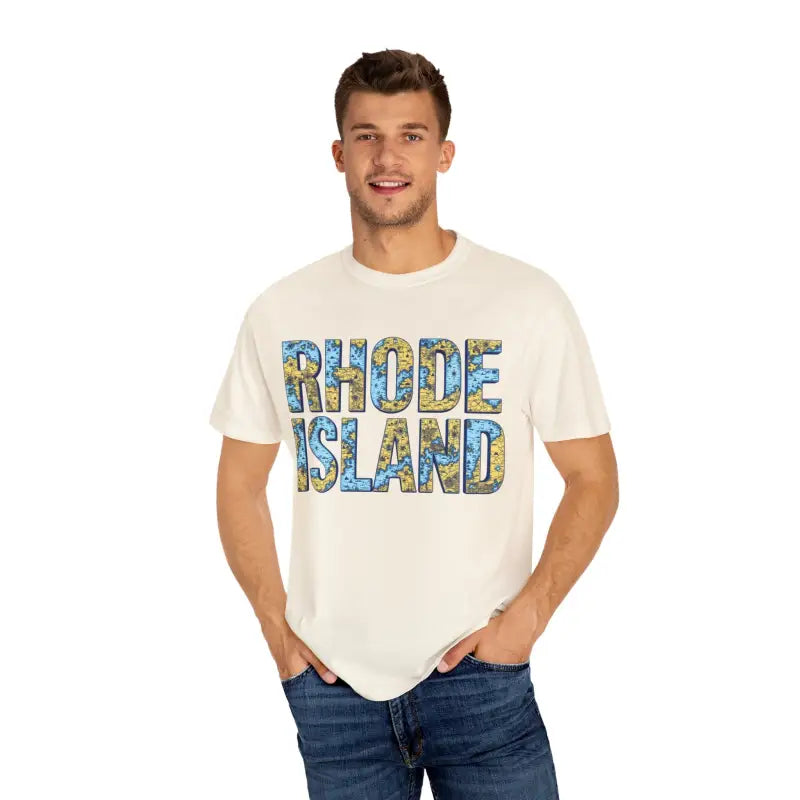 Man in Rhode Island t-shirt showcasing casual coastal vibe garment dye style