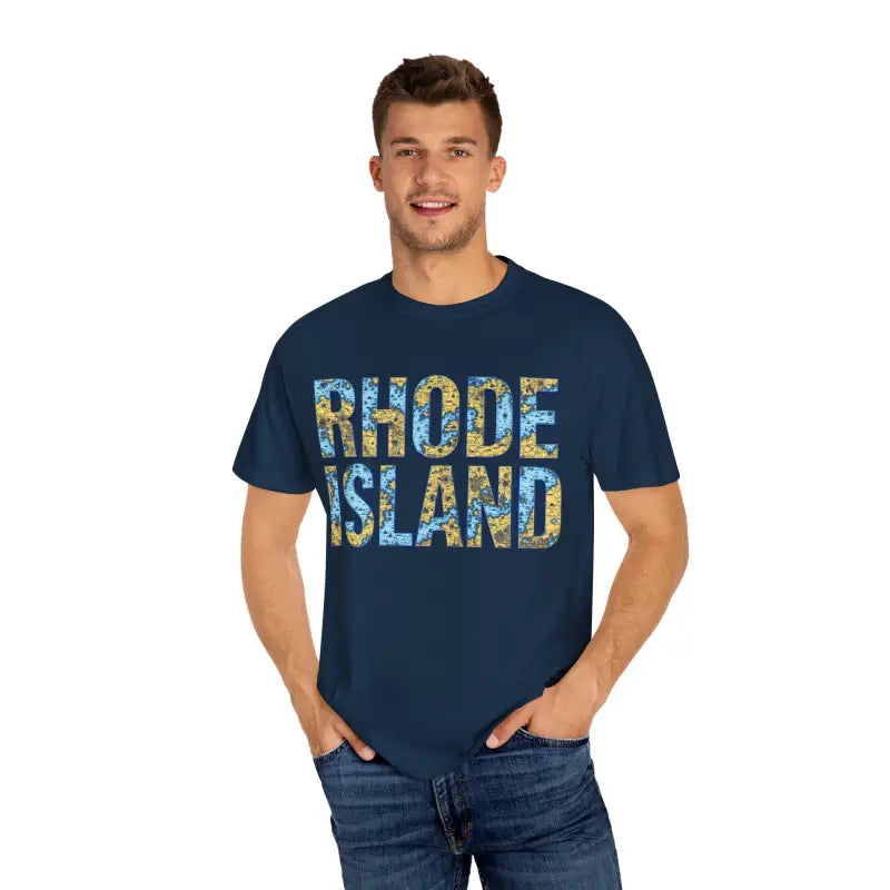 Navy blue Rhode Island t-shirt from the Rhode Island Garment Dyed Unisex Collection