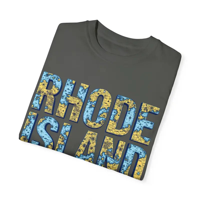 Folded gray Rhode Island unisex t-shirt with garment dye for a casual coastal vibe