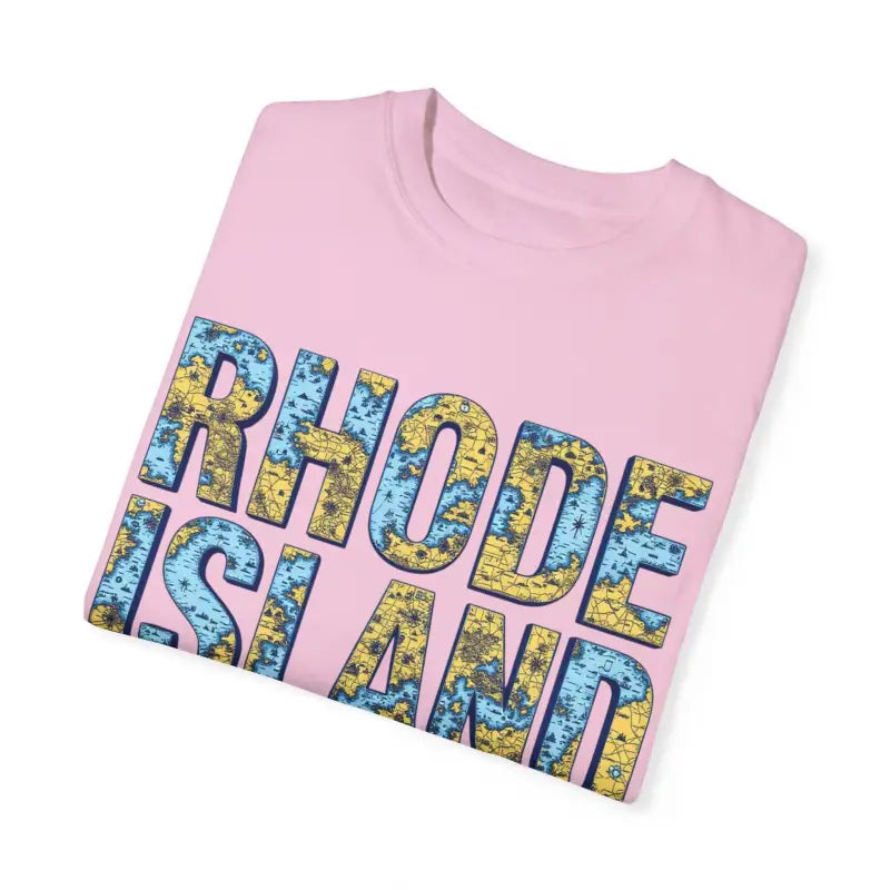Folded pink Rhode Island t-shirt showcasing casual coastal vibe garment dye style