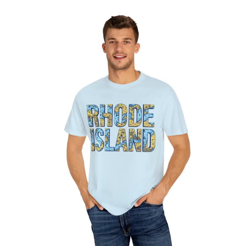 Light blue Rhode Island t-shirt in a casual coastal style for unisex wear
