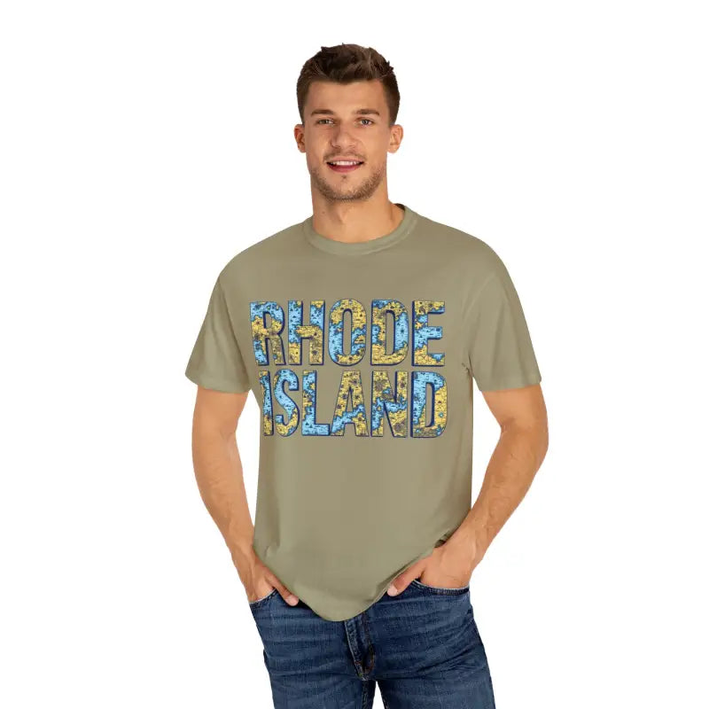 Man showcasing Rhode Island Garment Dyed Unisex T-Shirt with a casual coastal vibe