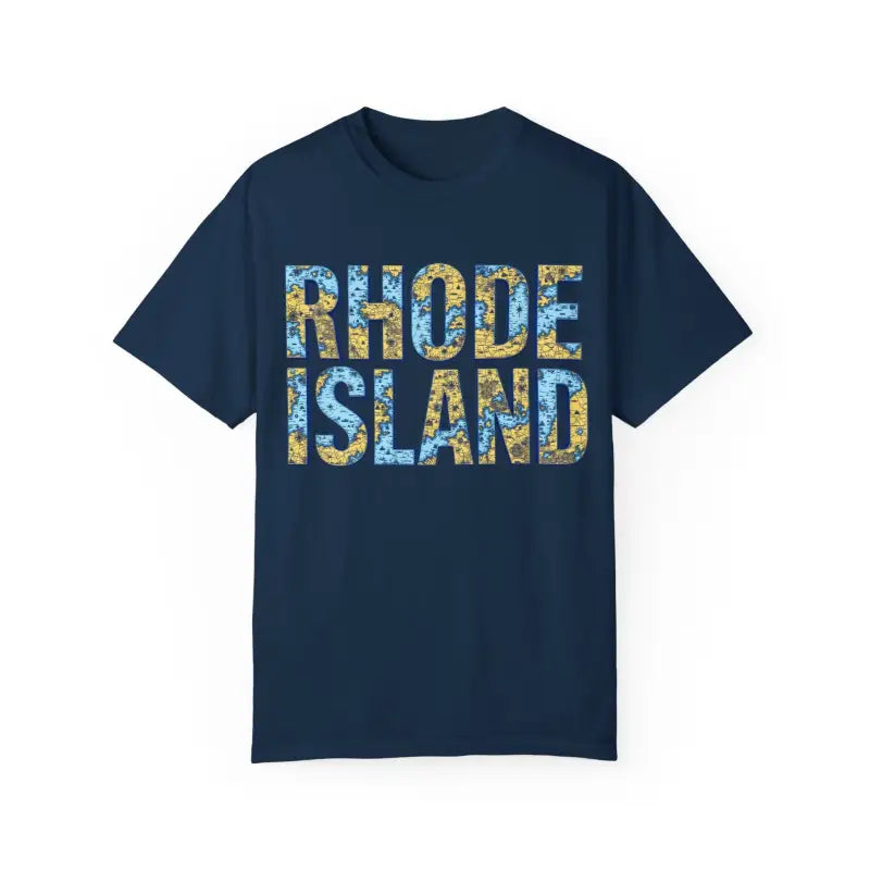 Navy blue Rhode Island t-shirt in a casual coastal vibe unisex design