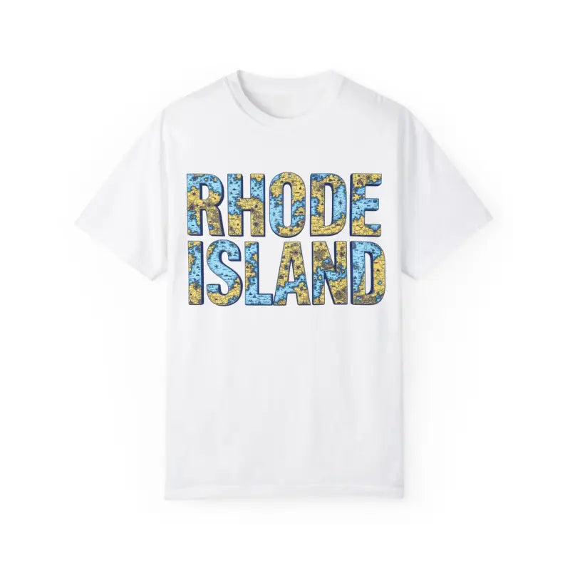White T-shirt featuring Rhode Island text in a casual coastal style
