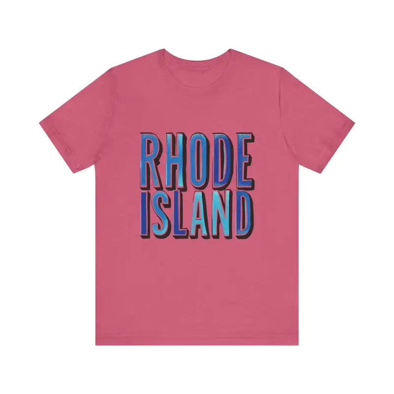 Pink unisex jersey T-shirt featuring Rhode Island text for stylish casual wear