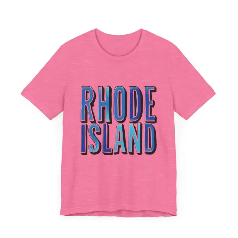 Pink unisex Jersey T-shirt featuring Rhode Island graphic text design