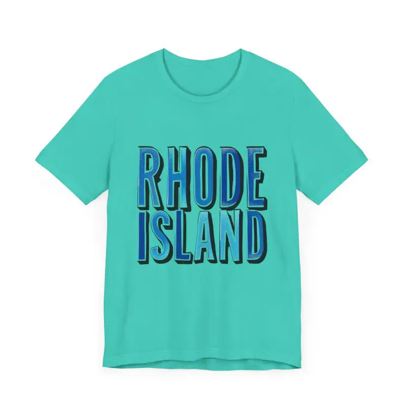 Turquoise Rhode Island Graphic Tee Pink Unisex Jersey T-Shirt displayed for sale