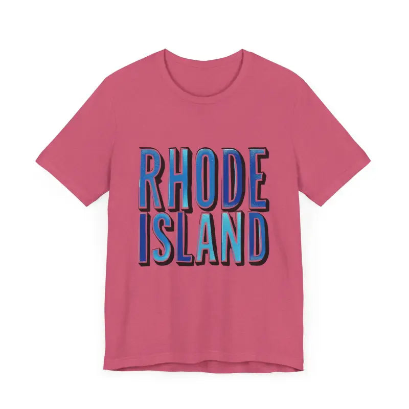 Pink unisex jersey T-shirt featuring Rhode Island graphic text design
