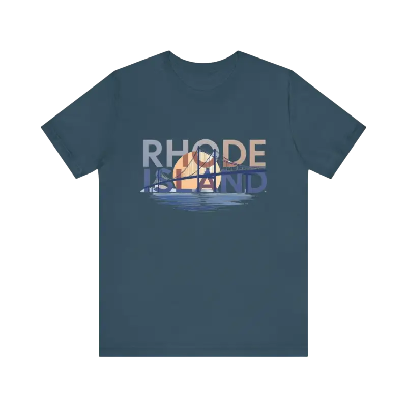 Blue t-shirt featuring a Rhode Island graphic from the Rhode Island Graphic Unisex Jersey Tee
