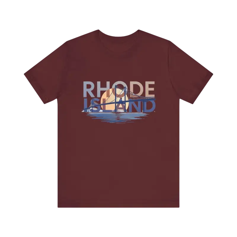 Maroon t-shirt featuring Rhode Island graphic in unisex jersey style