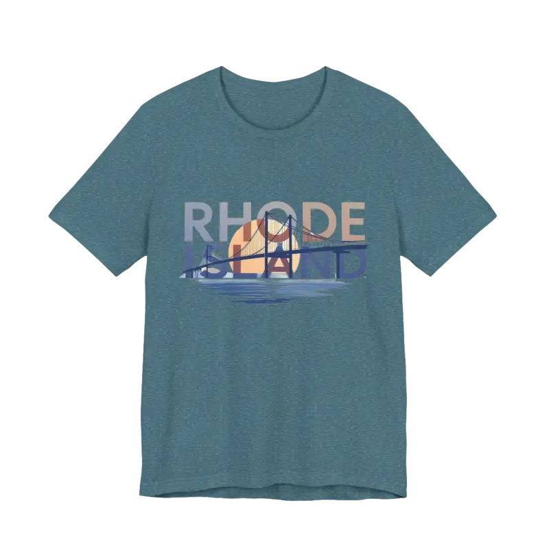 Blue t-shirt featuring Rhode Island bridge graphic in a unisex jersey style