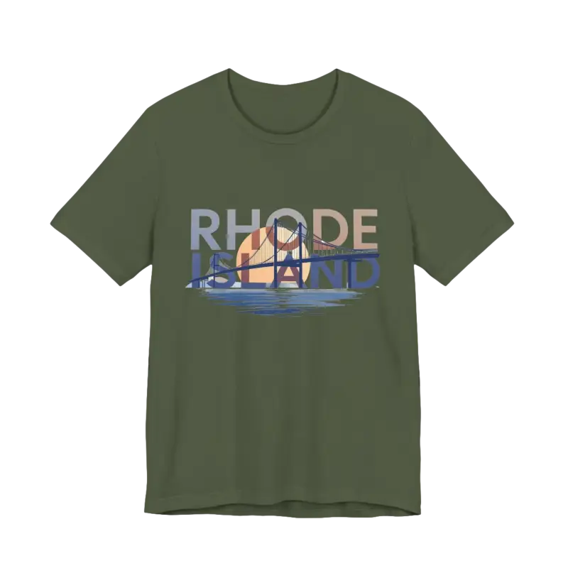 Olive green Rhode Island graphic unisex jersey tee displayed for sale
