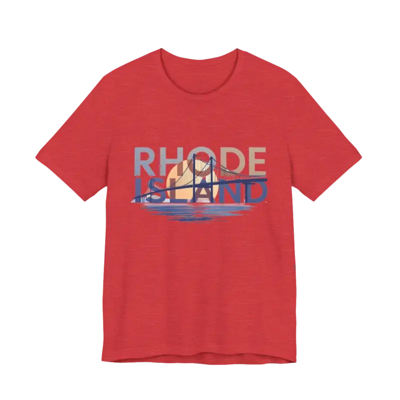 Red t-shirt featuring Rhode Island graphic in unisex jersey style