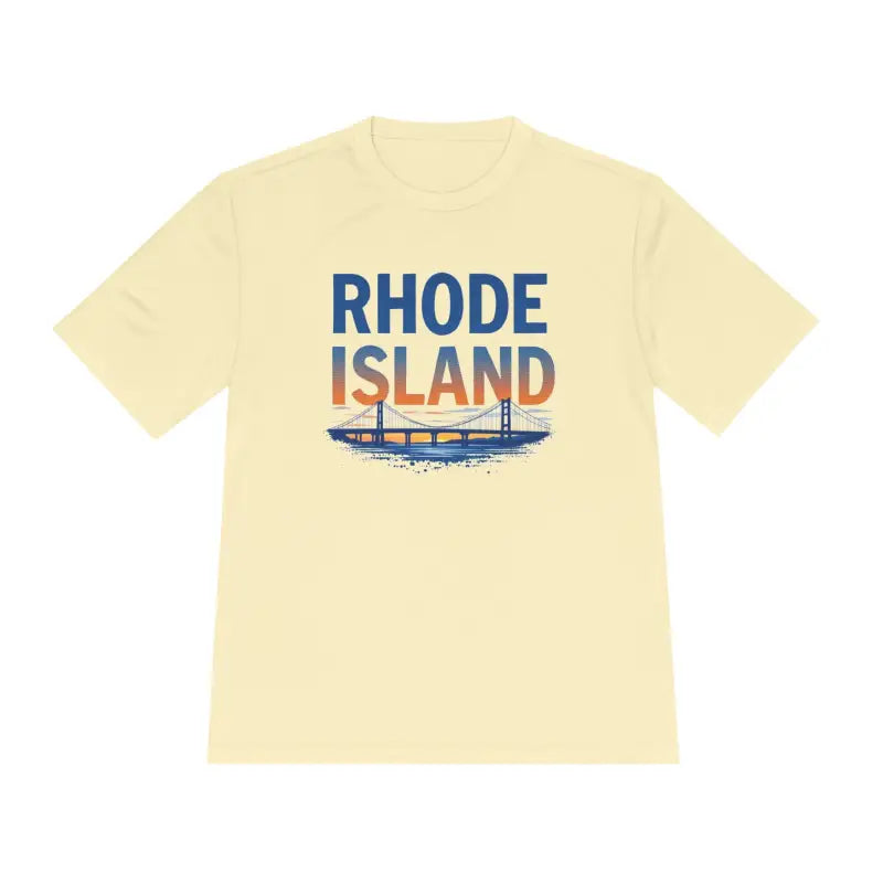Beige Rhode Island Graphic Unisex Moisture Wicking Tee showcasing stylish design