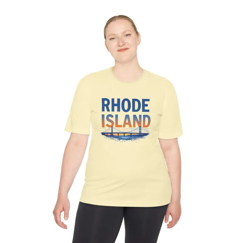 Rhode Island Graphic Unisex Moisture Wicking Tee showcasing vibrant state design