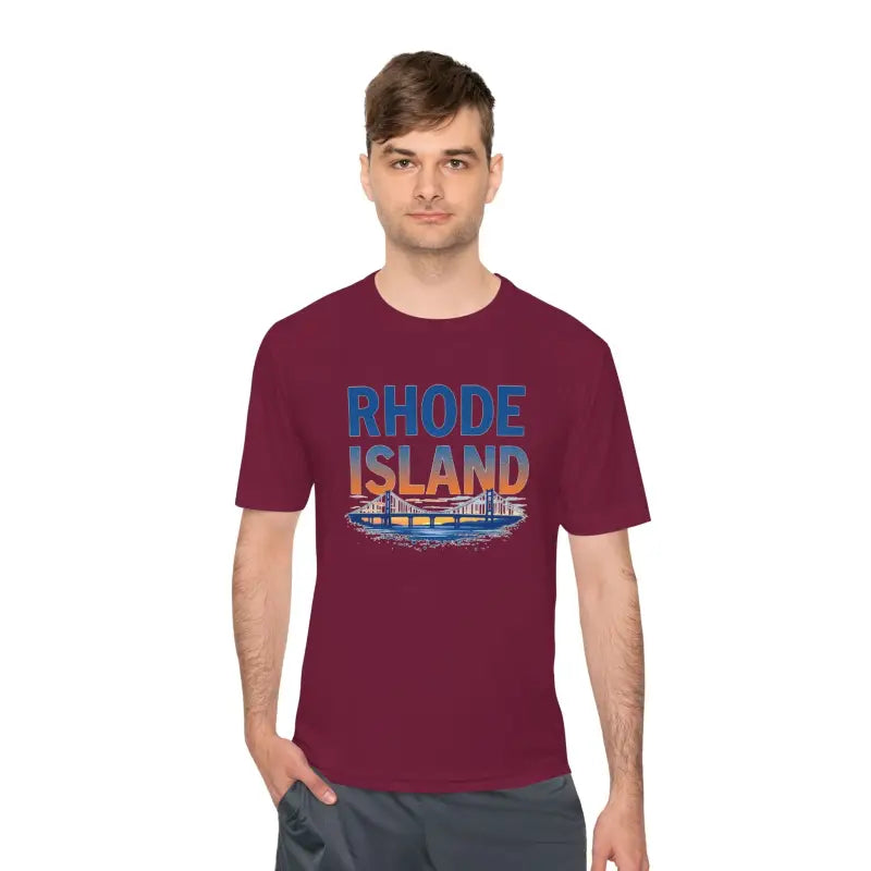 Maroon Rhode Island Graphic Unisex Moisture Wicking Tee showcasing unique design