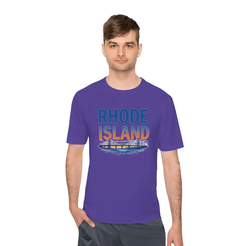 Purple Rhode Island graphic on a unisex moisture-wicking t-shirt