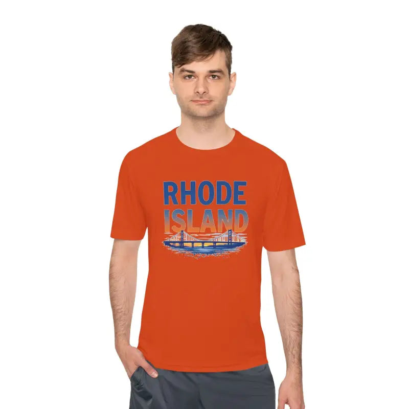 Orange Rhode Island Graphic Unisex Moisture Wicking Tee displayed on a white background