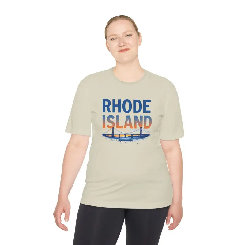 Beige Rhode Island Graphic Unisex Moisture Wicking Tee featuring bridge design