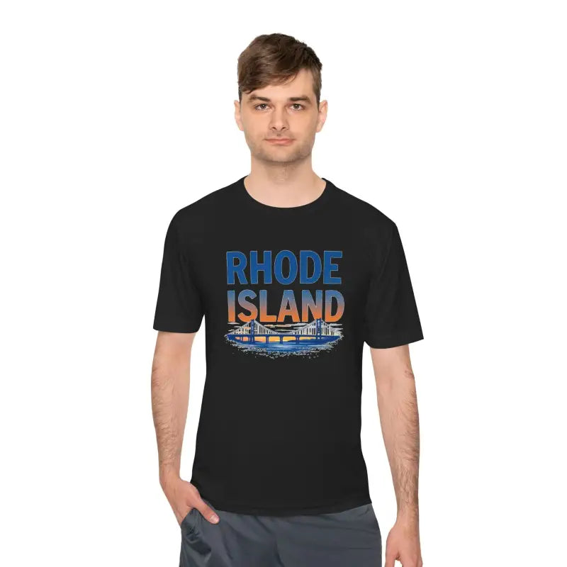 Black t-shirt featuring Rhode Island design, ideal for moisture-wicking comfort