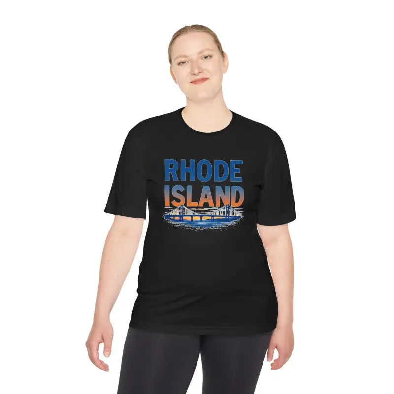 Black t-shirt featuring Rhode Island graphic from the Rhode Island Graphic Unisex Tee
