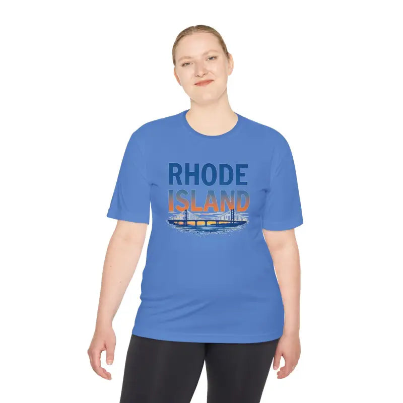 Blue Rhode Island graphic unisex moisture-wicking tee for stylish comfort