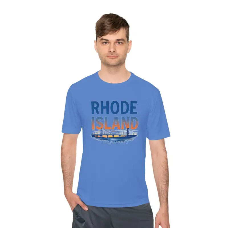Blue Rhode Island Graphic Unisex Moisture Wicking Tee on display