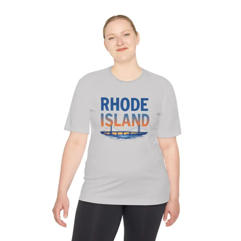 Gray Rhode Island Graphic Unisex Moisture Wicking Tee showcasing a stylish design
