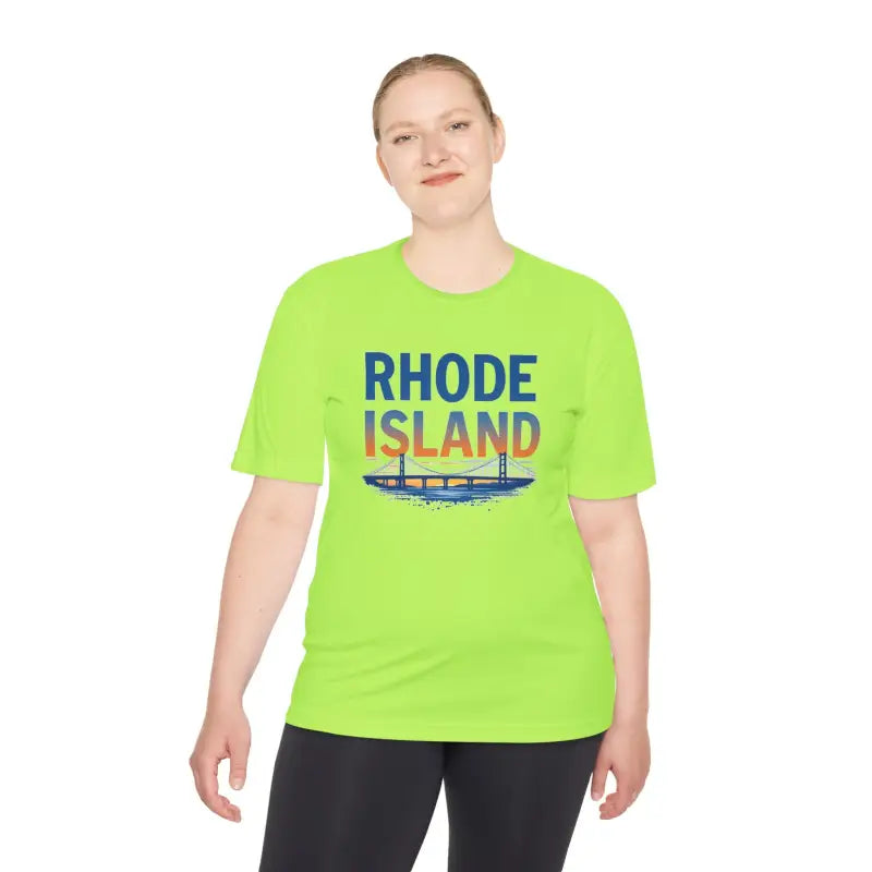 Lime green Rhode Island Graphic Unisex Moisture Wicking Tee displayed on a model