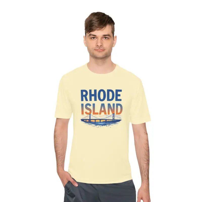 Man modeling a Rhode Island Graphic Unisex Moisture Wicking Tee shirt