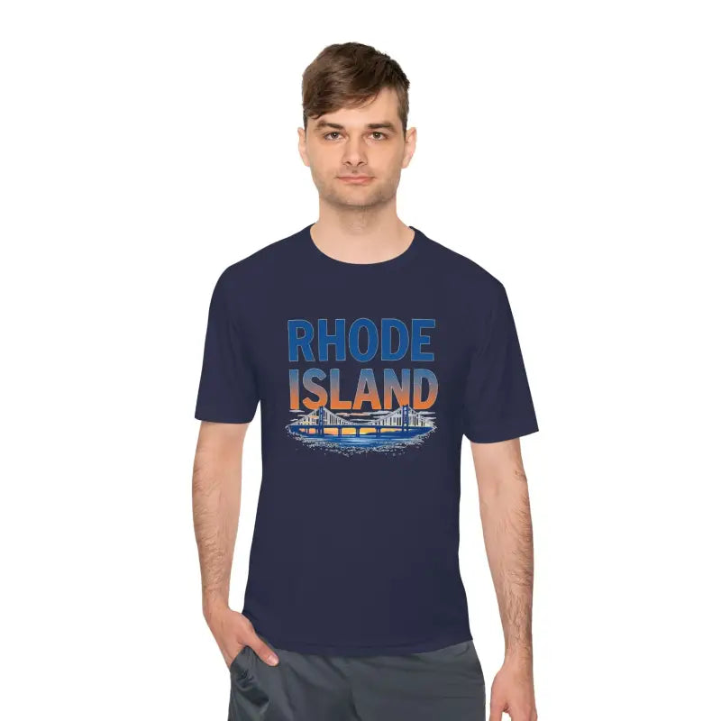 Navy blue Rhode Island Graphic Unisex Moisture Wicking Tee displayed for sale