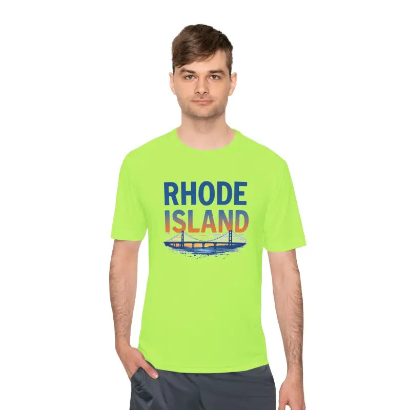 Neon green Rhode Island Graphic Unisex Moisture Wicking Tee displayed on a mannequin