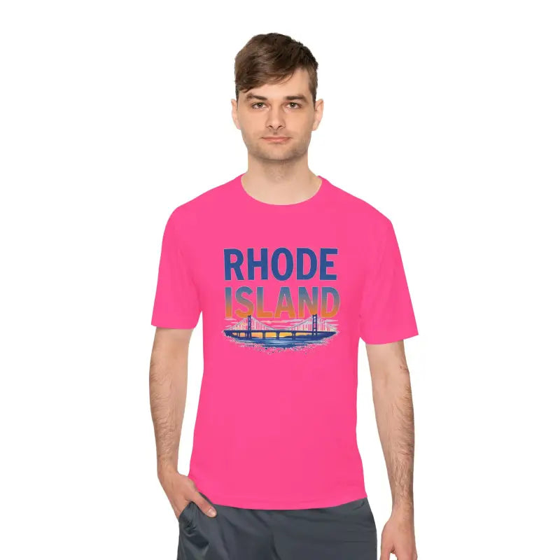 Pink Rhode Island Graphic Unisex Moisture Wicking Tee displayed on a neutral background