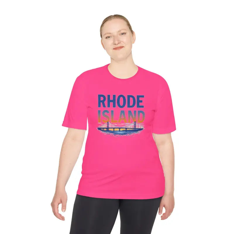 Pink Rhode Island Graphic Unisex Moisture Wicking Tee for stylish casual wear