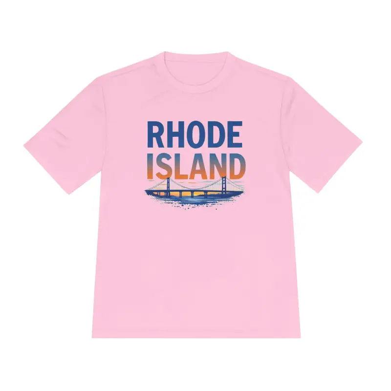 Pink moisture-wicking tee featuring Rhode Island graphic for unisex wear