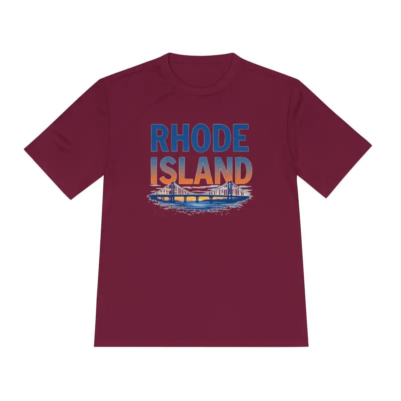 Maroon unisex moisture-wicking tee featuring Rhode Island graphic design