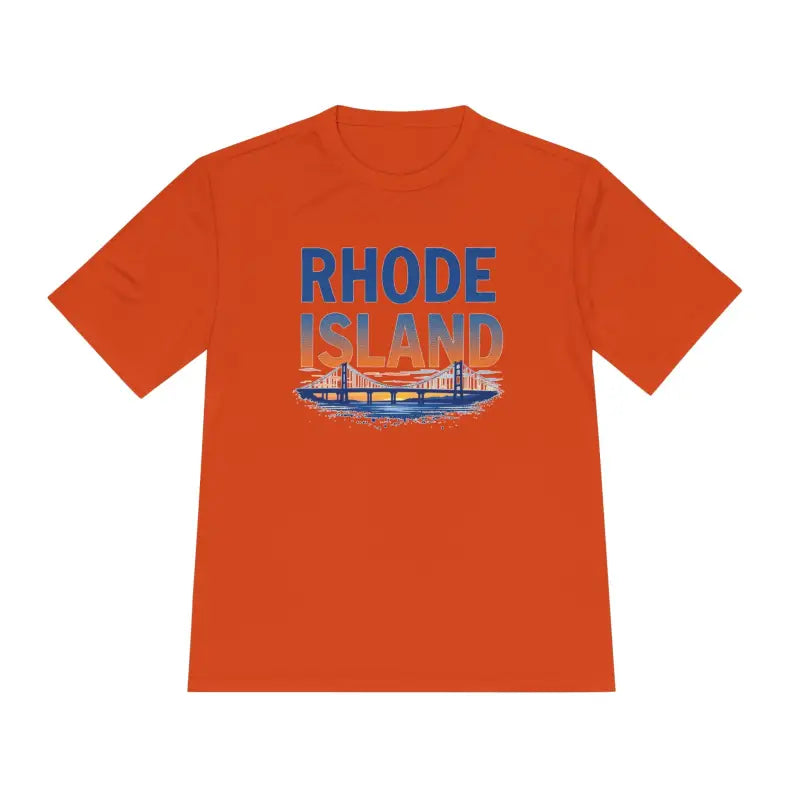 Orange t-shirt featuring Rhode Island design in unisex moisture-wicking fabric