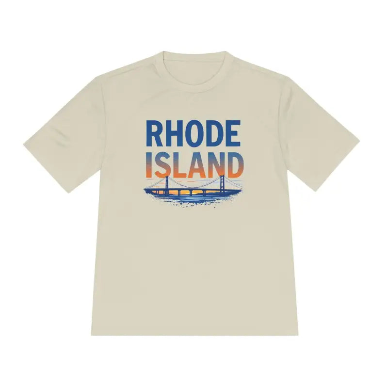 Beige unisex moisture-wicking tee featuring a Rhode Island graphic design