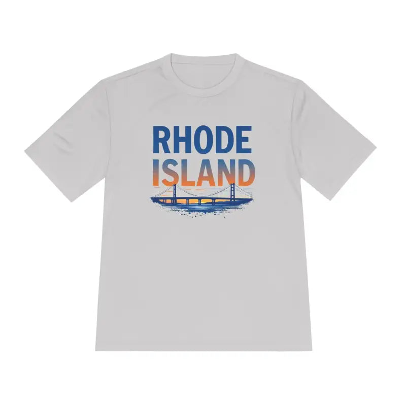 Gray Rhode Island Graphic Unisex Moisture Wicking Tee displayed on a plain background