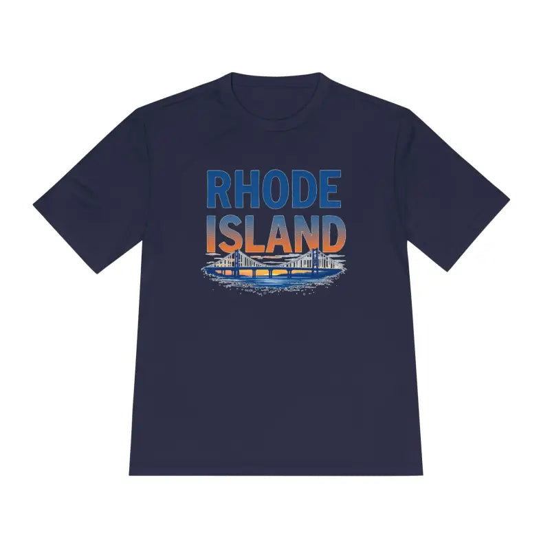 Navy blue Rhode Island graphic unisex moisture wicking t-shirt for casual wear