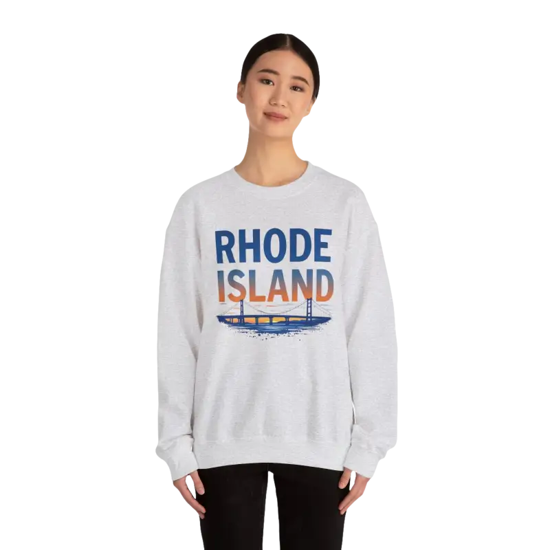 White sweatshirt featuring Rhode Island graphic from the Rhode Island Sunset Crewneck collection