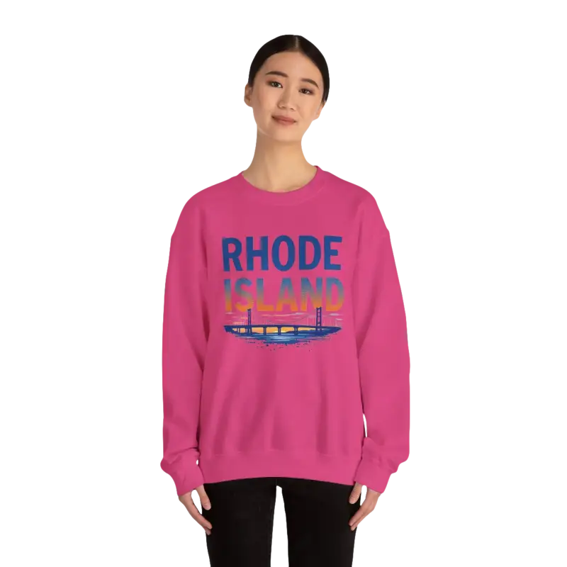 Pink Rhode Island sweatshirt featured in the Rhode Island Sunset Crewneck design