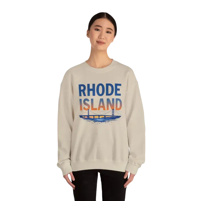 Beige sweatshirt featuring Rhode Island graphic, part of the Rhode Island Sunset Crewneck collection