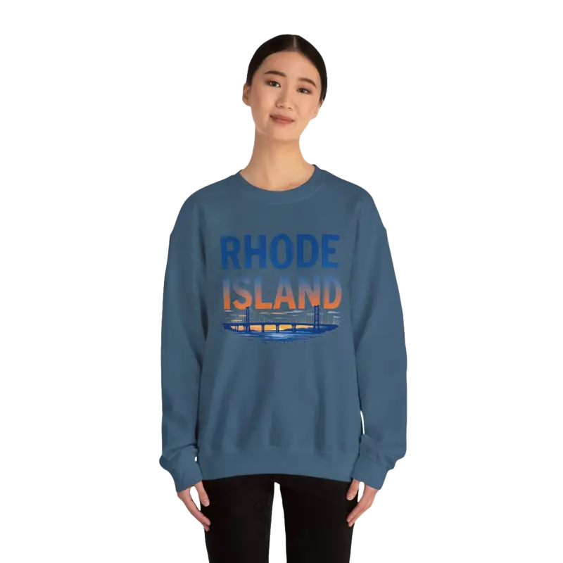 Blue Rhode Island sweatshirt featured in the Rhode Island Sunset Crewneck Sweatshirt collection