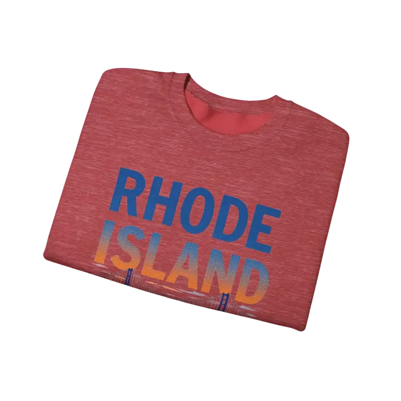 Folded red t-shirt featured with Rhode Island Sunset Crewneck Sweatshirt in Black, White, Pink
