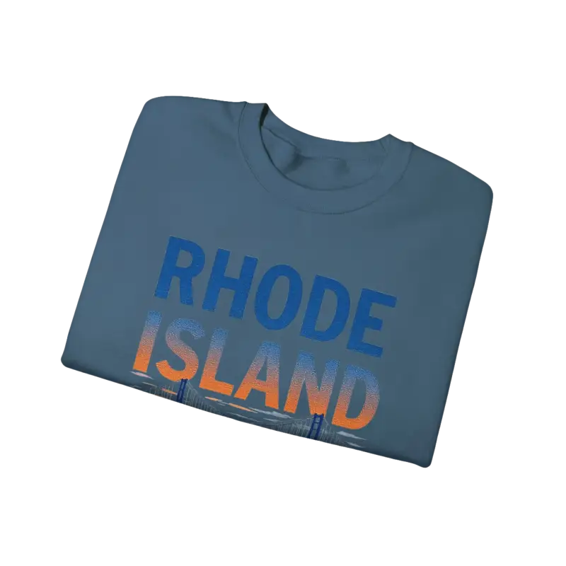 Folded blue t-shirt part of Rhode Island Sunset Crewneck Sweatshirt collection