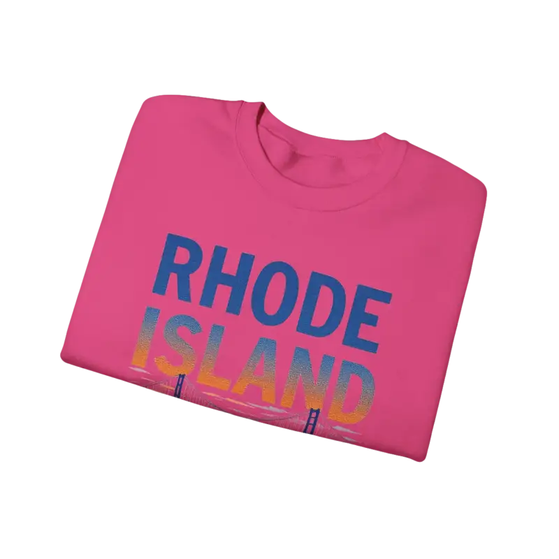 Folded pink t-shirt featured with Rhode Island Sunset Crewneck Sweatshirt in Black White and Pink