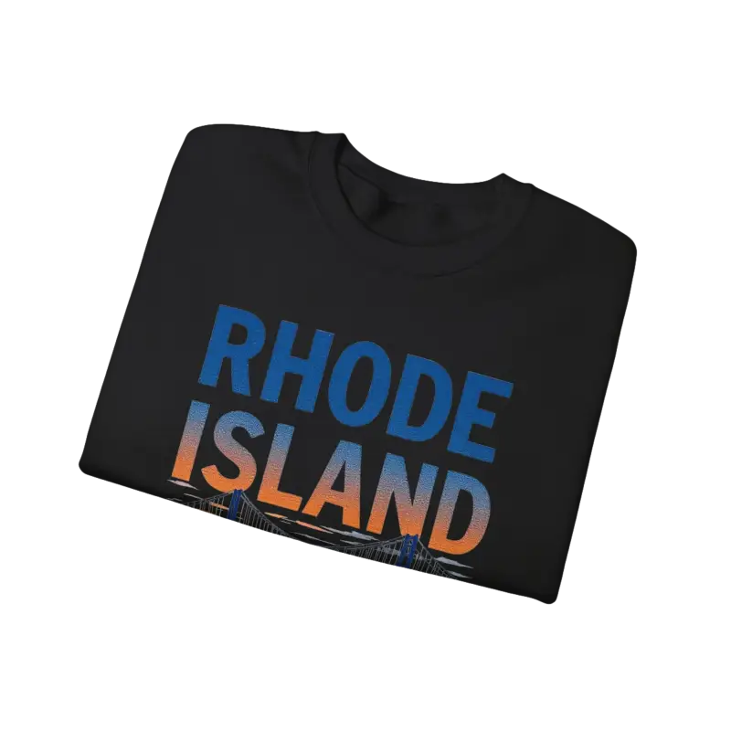 Folded black t-shirt featured in Rhode Island Sunset Crewneck Sweatshirt design