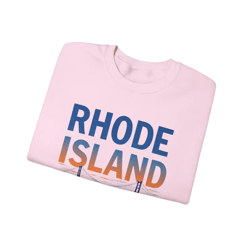 Folded pink Rhode Island t-shirt showcased with Rhode Island Sunset Crewneck Sweatshirt