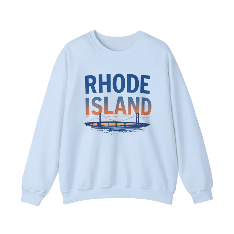Light blue Rhode Island sweatshirt featured in crewneck design with sunset colors